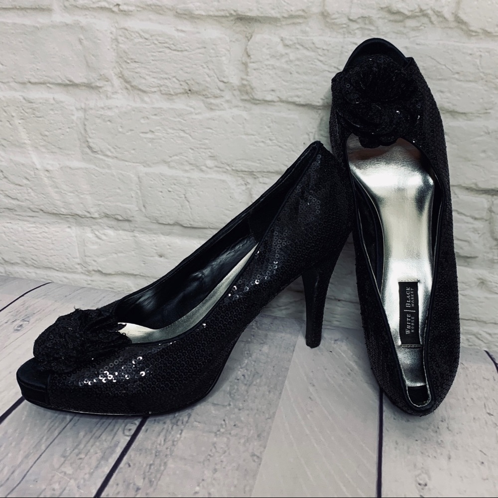 White House Black Market SZ 9.5 Blk Sequined heels
